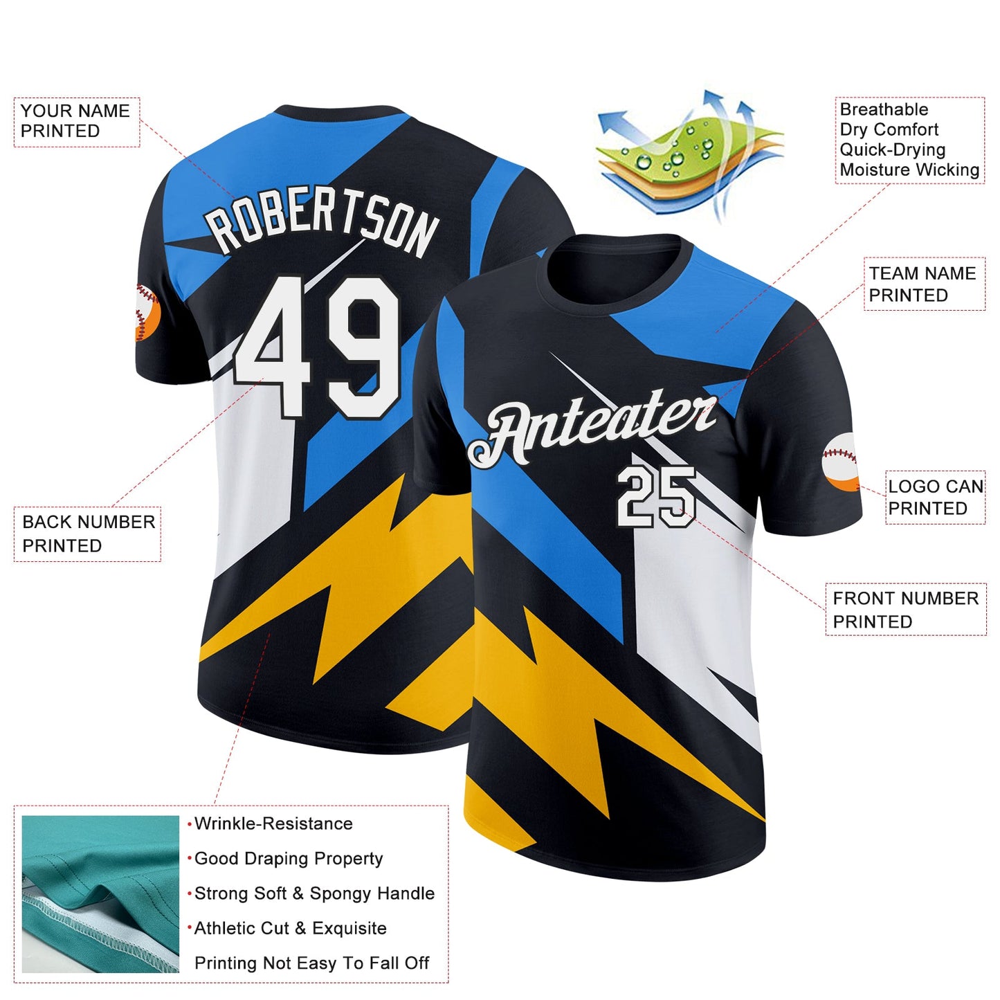 Custom Black Powder Blue-Gold 3D Esports Performance T-Shirt view 2