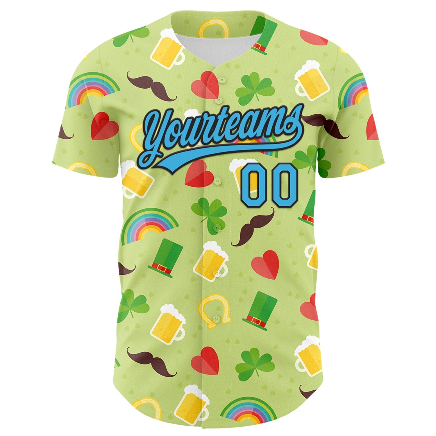 Custom Green Sky Blue-Black 3D St. Patrick's Day Shamrock Beer Authentic Baseball Jersey view 2