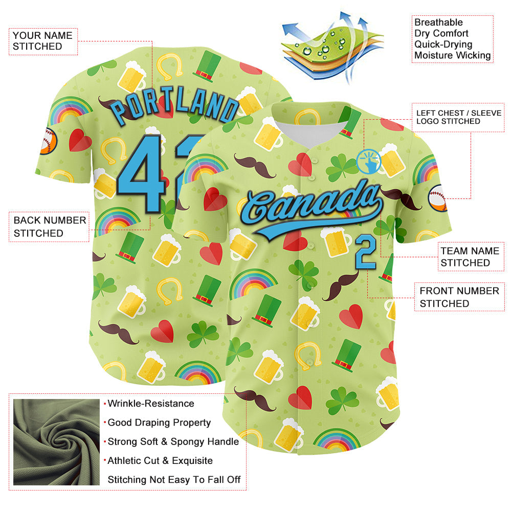 Custom Green Sky Blue-Black 3D St. Patrick's Day Shamrock Beer Authentic Baseball Jersey view 3