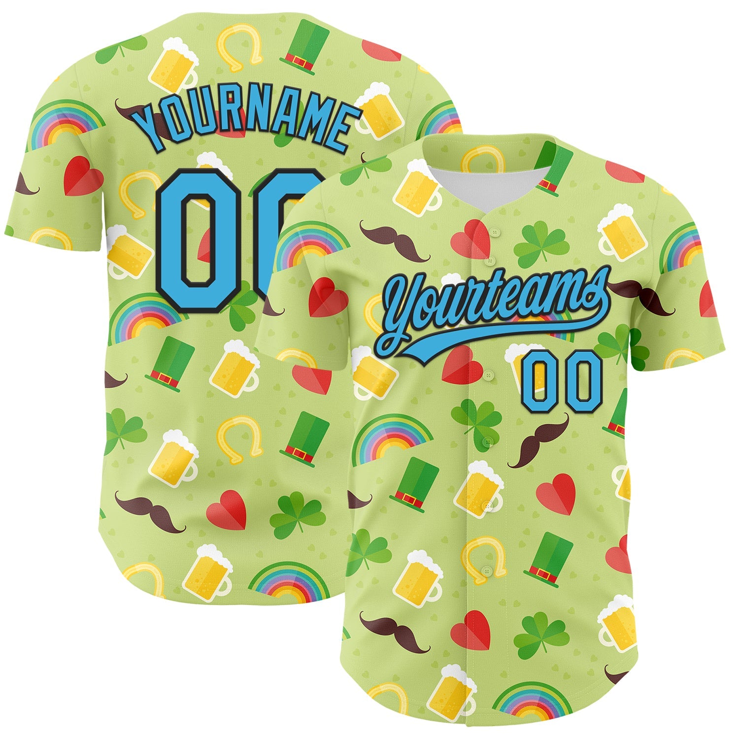 Custom Green Sky Blue-Black 3D St. Patrick's Day Shamrock Beer Authentic Baseball Jersey - Main View