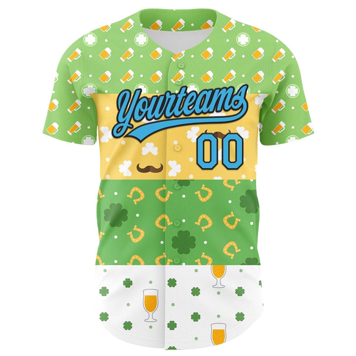 Custom Green Sky Blue Light Yellow-Black 3D St. Patrick's Day Shamrock Beer Authentic Baseball Jersey view 2
