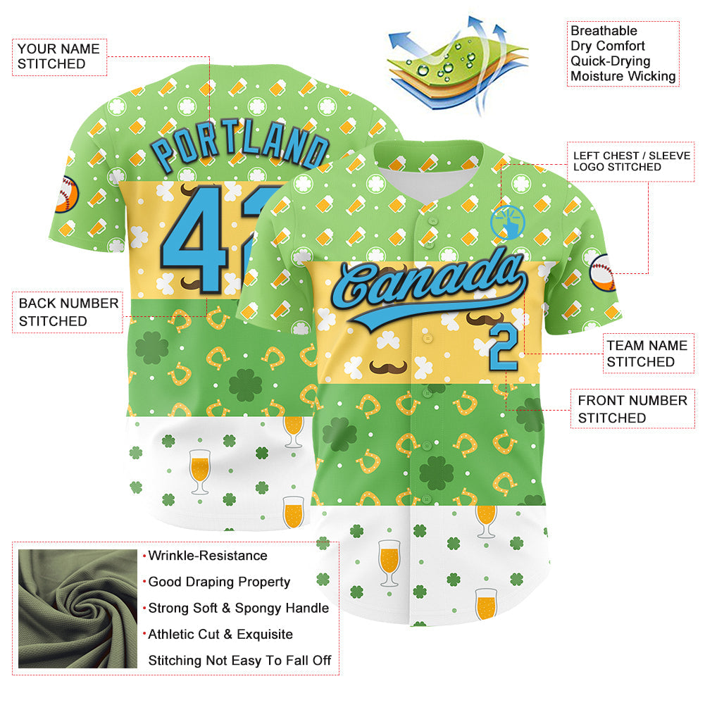 Custom Green Sky Blue Light Yellow-Black 3D St. Patrick's Day Shamrock Beer Authentic Baseball Jersey view 3
