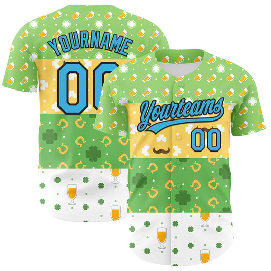 Custom Green Sky Blue Light Yellow-Black 3D St. Patrick's Day Shamrock Beer Authentic Baseball Jersey - Main View