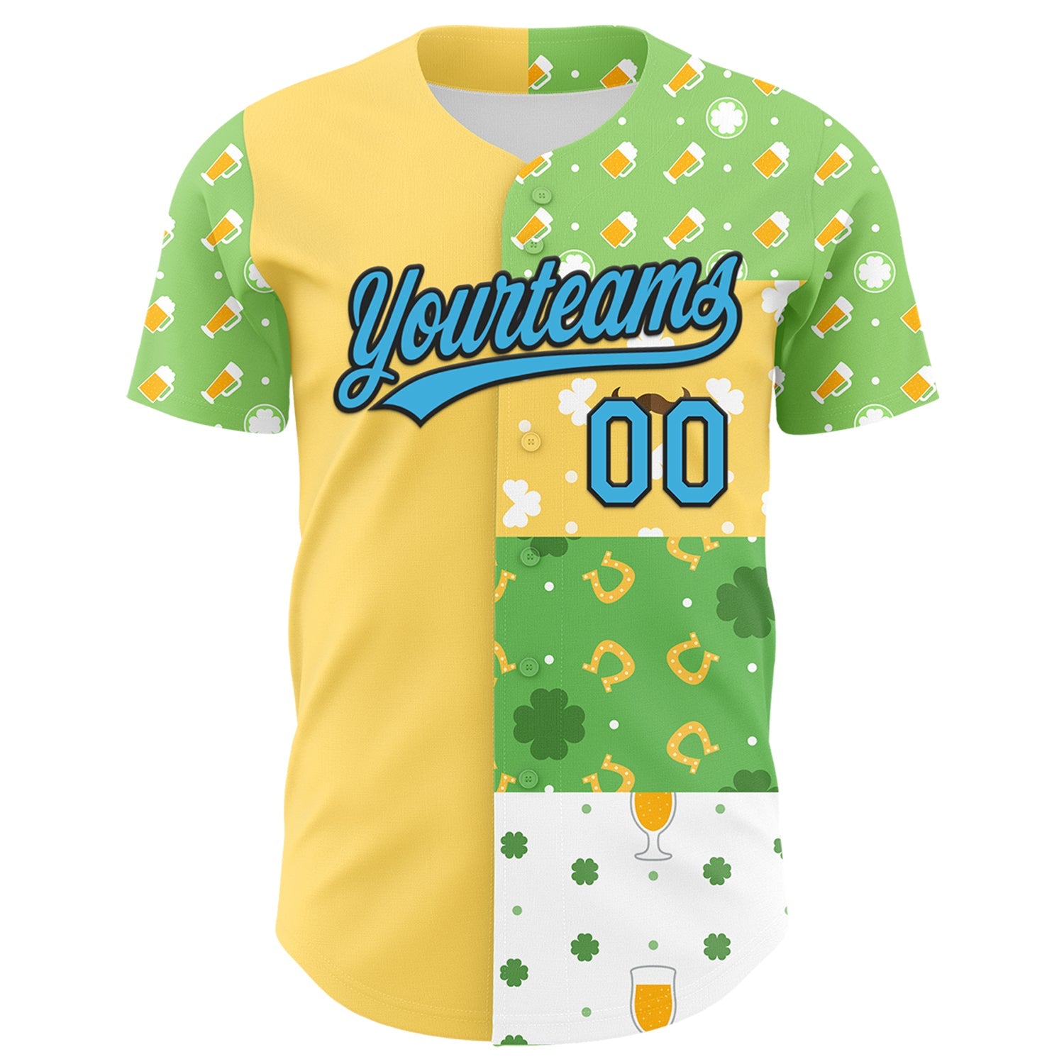 Custom Green Sky Blue Light Yellow-Black 3D St. Patrick's Day Shamrock Beer Authentic Baseball Jersey view 2