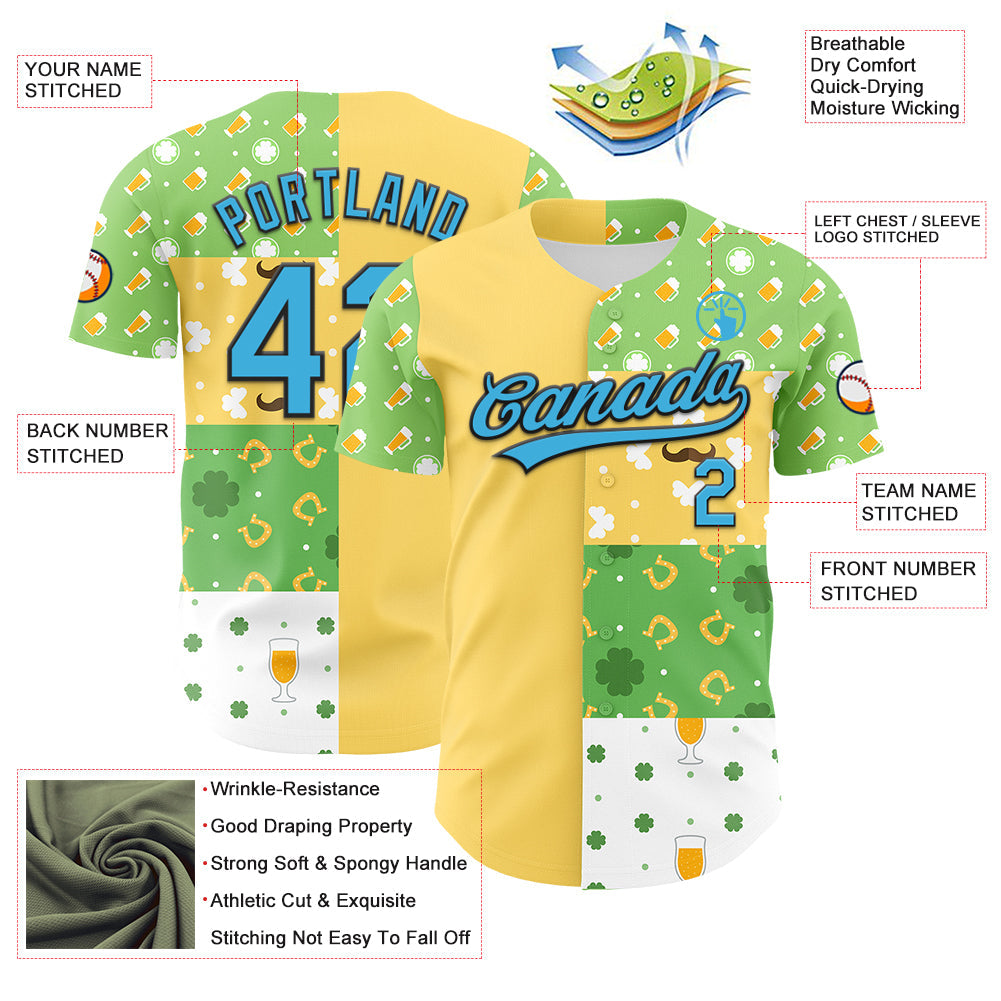 Custom Green Sky Blue Light Yellow-Black 3D St. Patrick's Day Shamrock Beer Authentic Baseball Jersey view 3