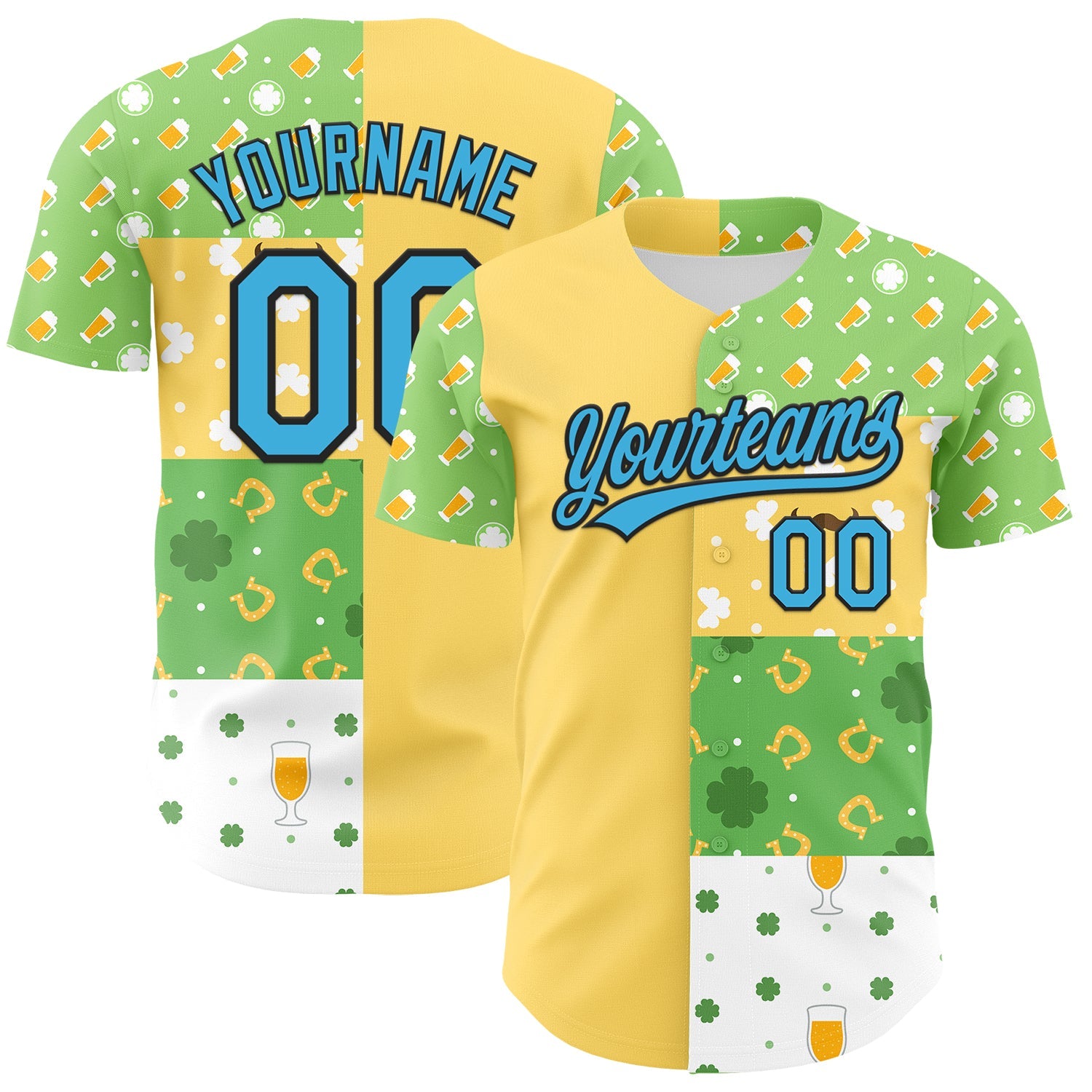 Custom Green Sky Blue Light Yellow-Black 3D St. Patrick's Day Shamrock Beer Authentic Baseball Jersey - Main View