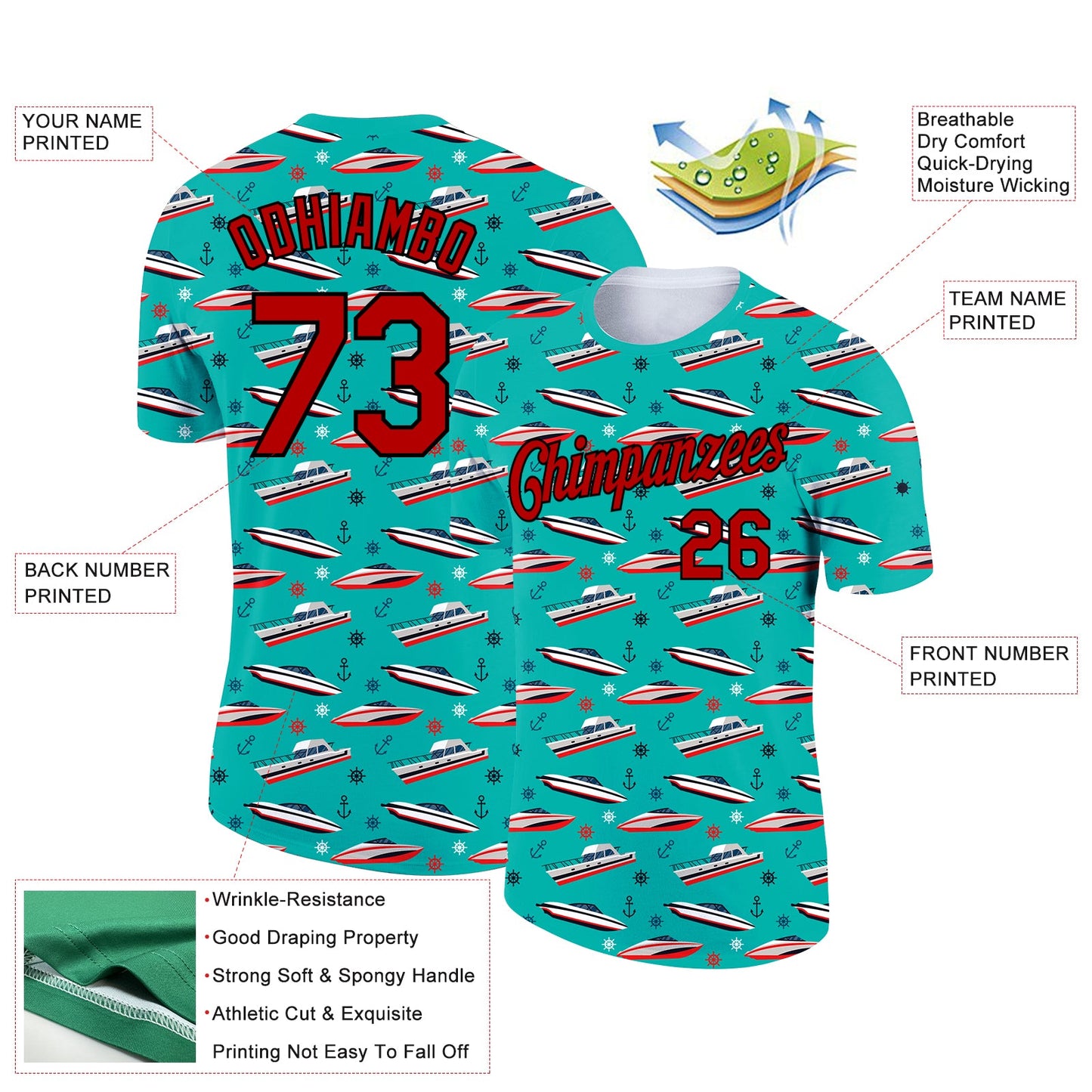 Custom Aqua Red-Black 3D Pattern Design Sailing Cruise Ship Columbus Day Performance T-Shirt view 2