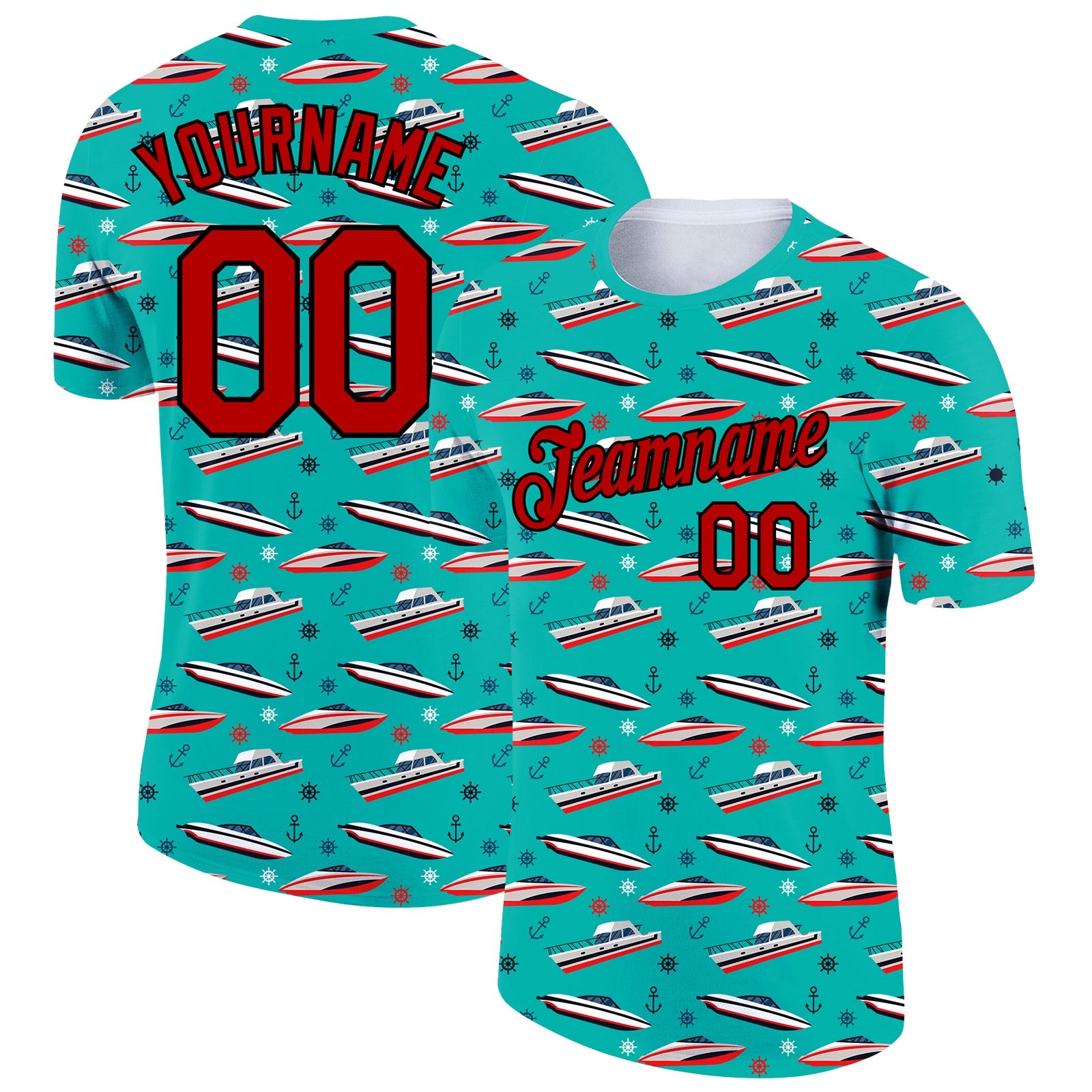 Custom Aqua Red-Black 3D Pattern Design Sailing Cruise Ship Columbus Day Performance T-Shirt - Main View