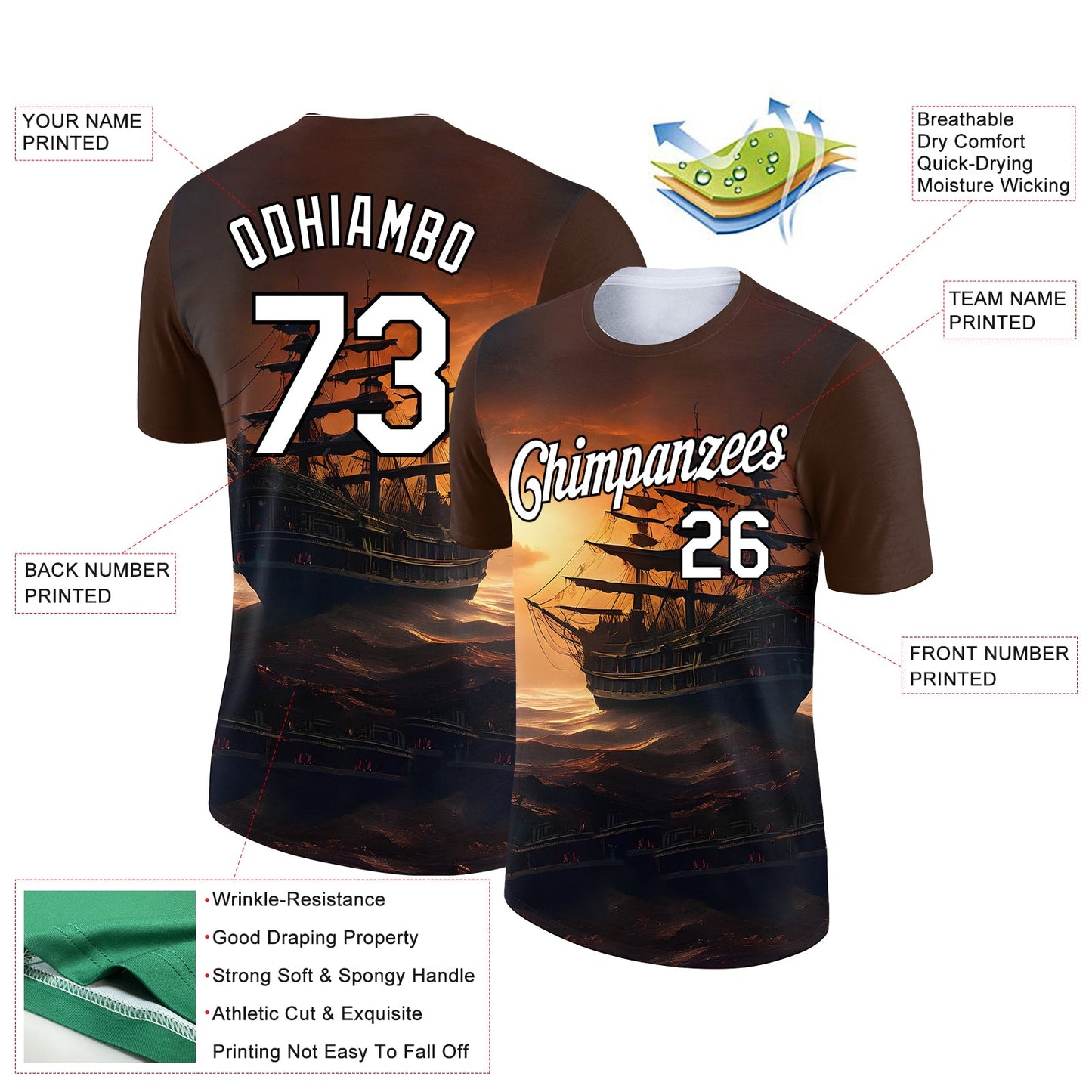 Custom Brown White-Black 3D Pattern Design Sailing Ship Columbus Day Performance T-Shirt view 2