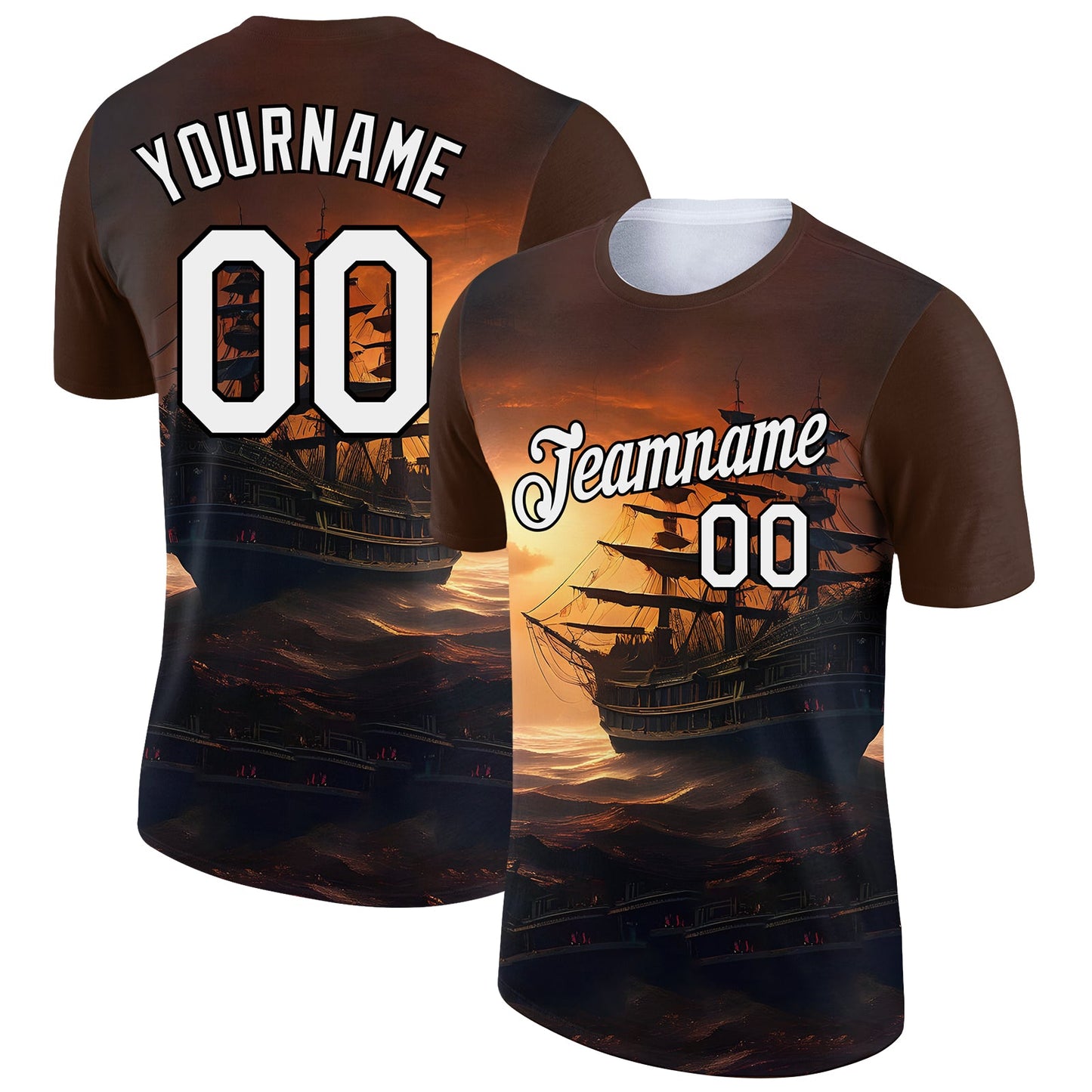 Custom Brown White-Black 3D Pattern Design Sailing Ship Columbus Day Performance T-Shirt - Main View