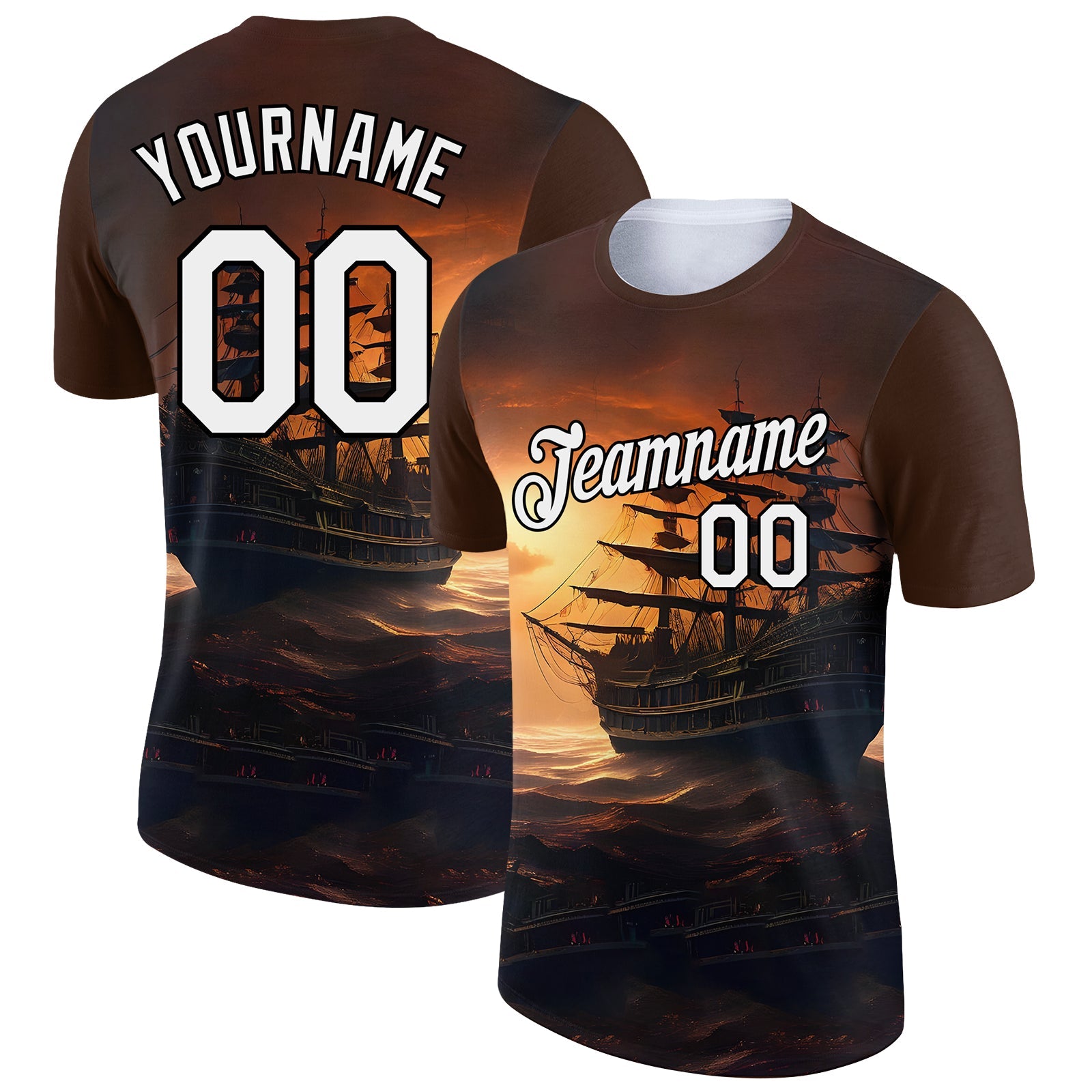 Custom Brown White-Black 3D Pattern Design Sailing Ship Columbus Day Performance T-Shirt - Main View
