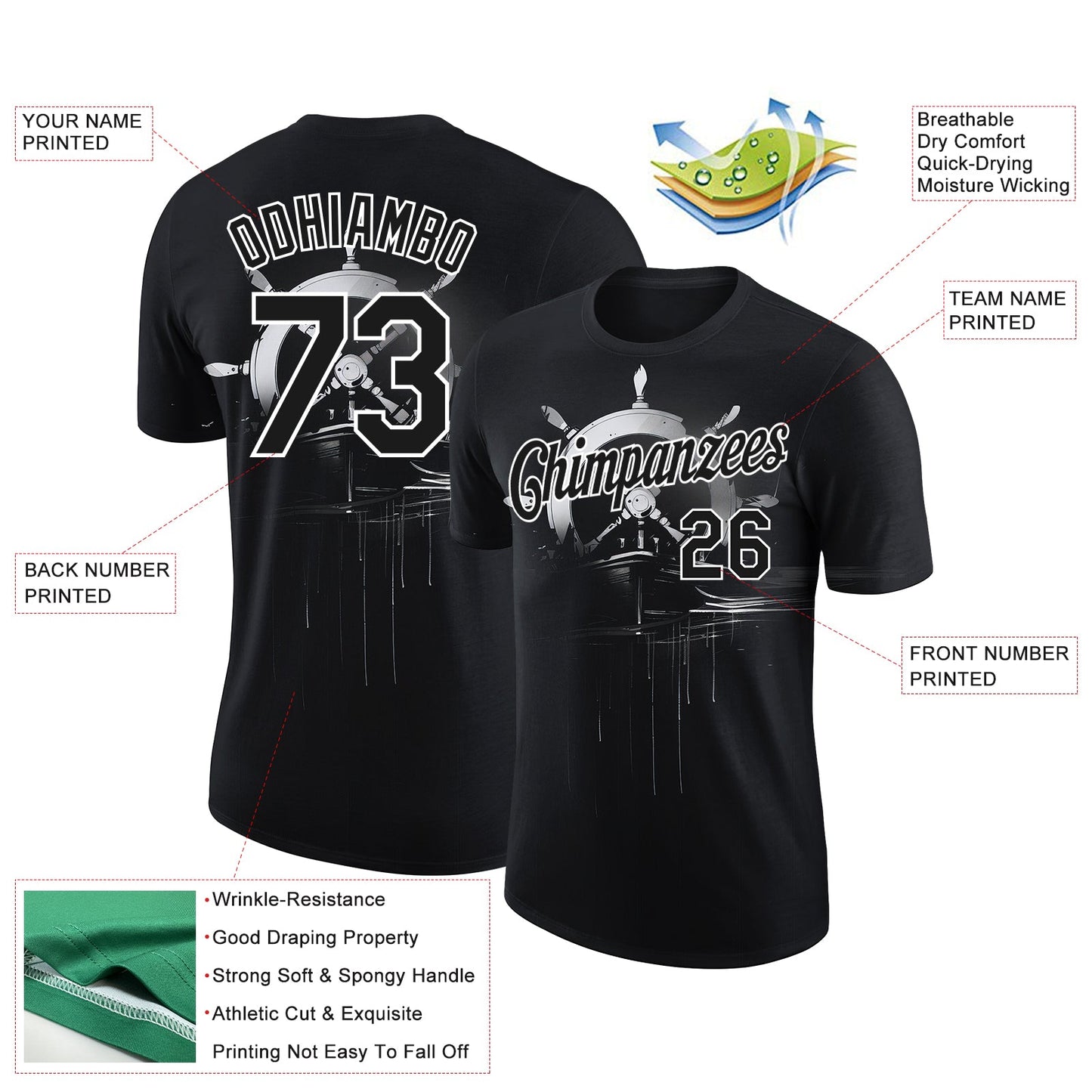 Custom Black White 3D Pattern Design Sailing Ship Wheel Columbus Day Performance T-Shirt view 2