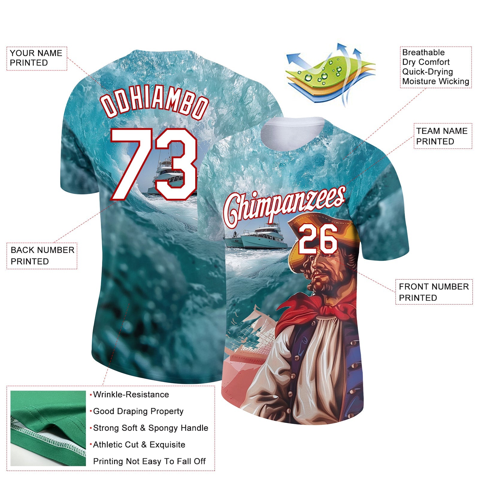 Custom Shadow Blue White-Red 3D Pattern Design Sailing Ship Columbus Day Performance T-Shirt view 2