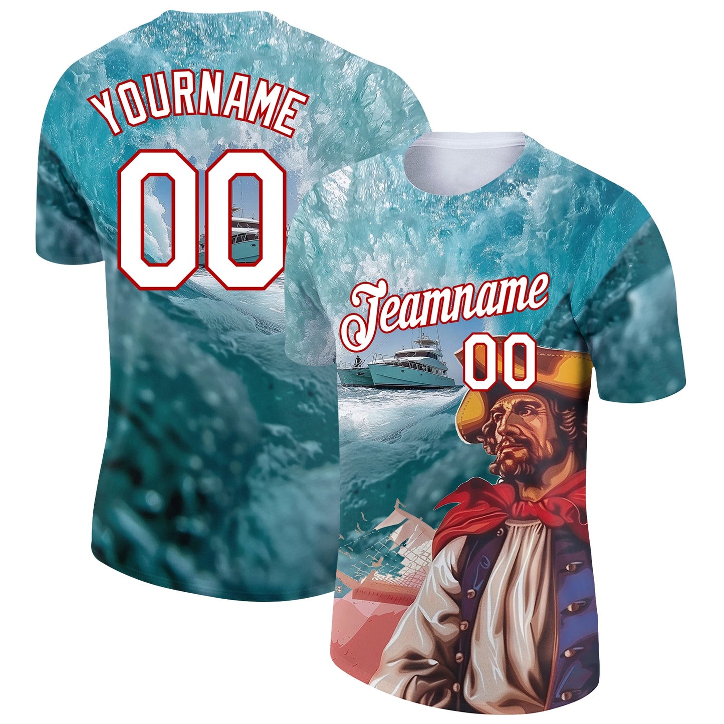 Custom Shadow Blue White-Red 3D Pattern Design Sailing Ship Columbus Day Performance T-Shirt - Main View