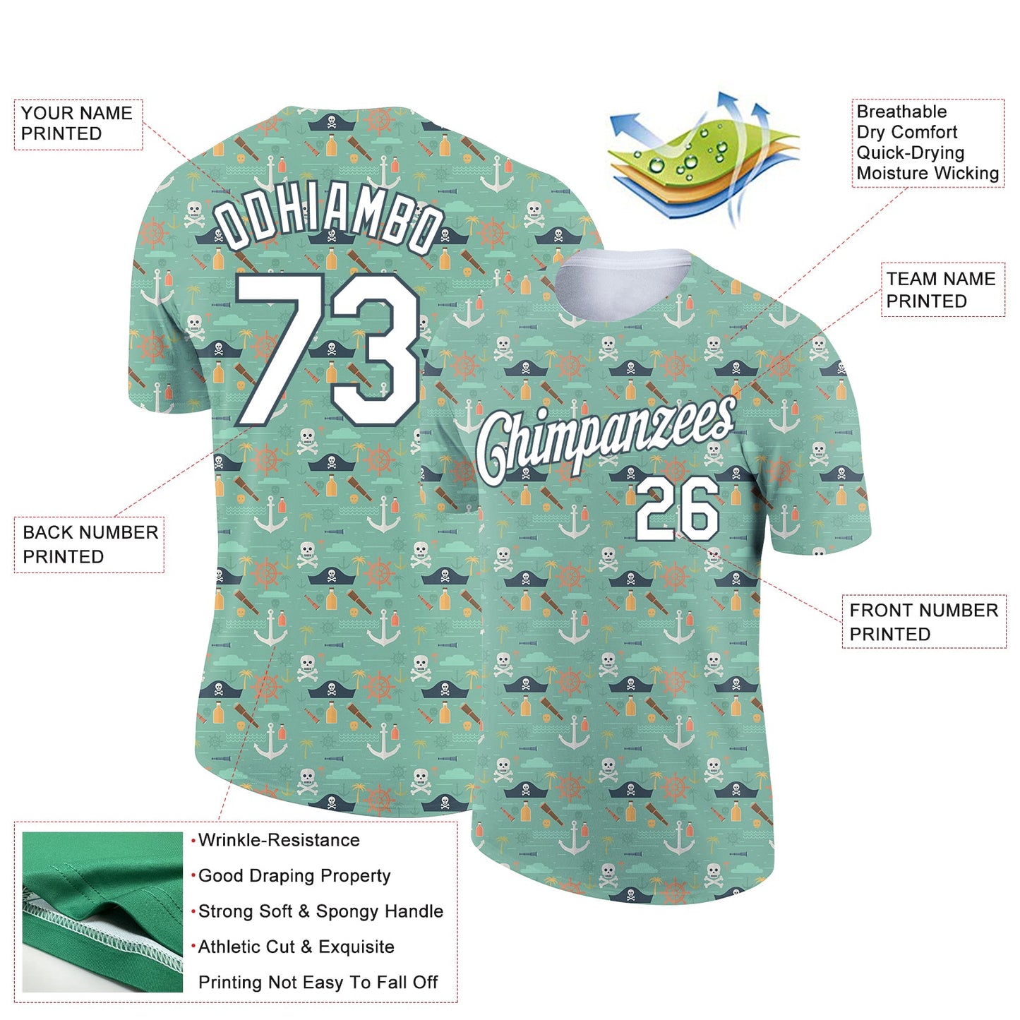 Custom Ice Blue White-Midnight Green 3D Pattern Design Sailing Ship Wheel Anchor Columbus Day Performance T-Shirt view 2