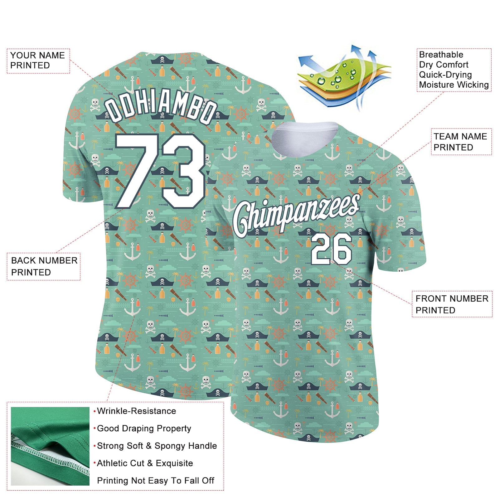Custom Ice Blue White-Midnight Green 3D Pattern Design Sailing Ship Wheel Anchor Columbus Day Performance T-Shirt view 2