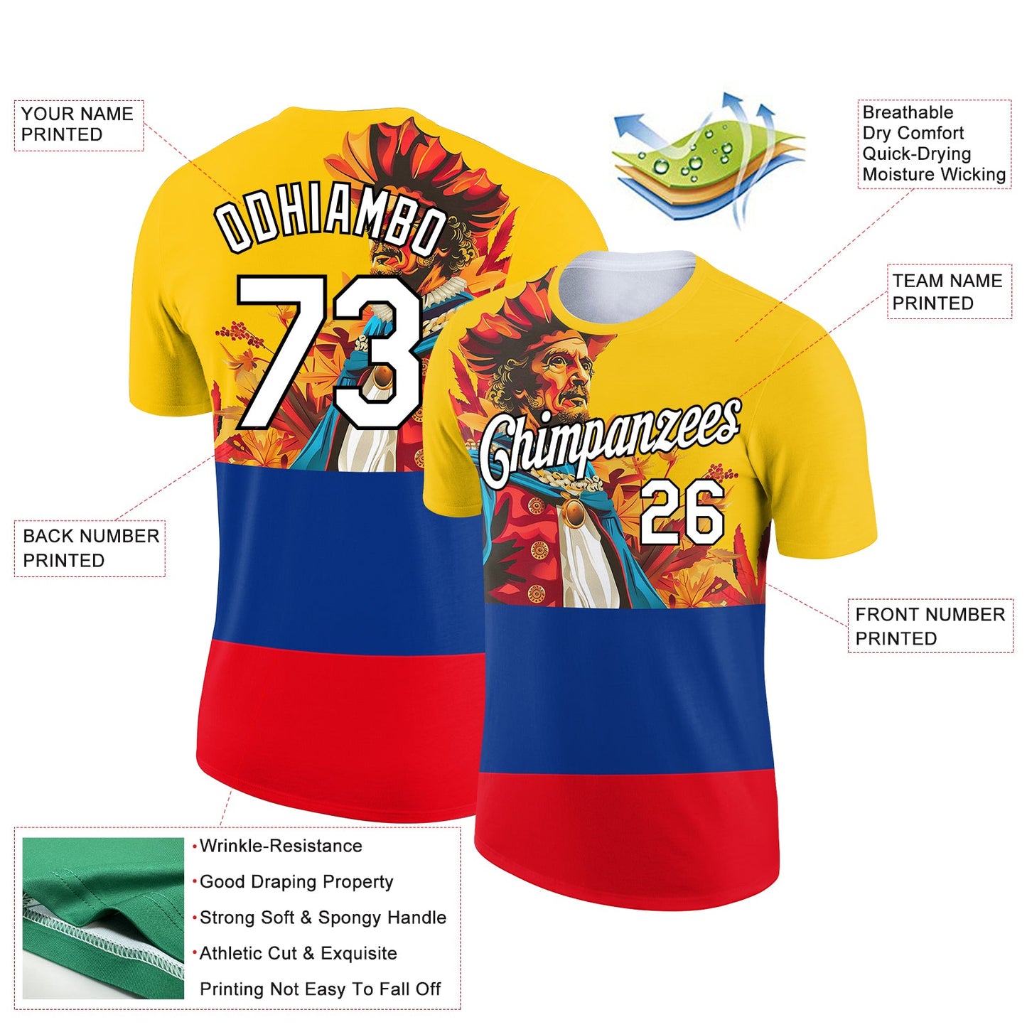 Custom Gold Royal Fire Red-Black 3D Pattern Design Sailing Columbus Day Performance T-Shirt view 2