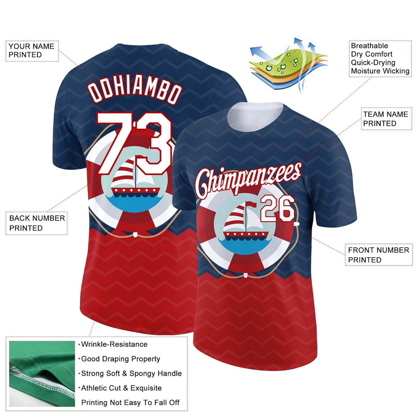 Custom Navy White-Red 3D Pattern Design Sailing Ship Columbus Day Performance T-Shirt view 2