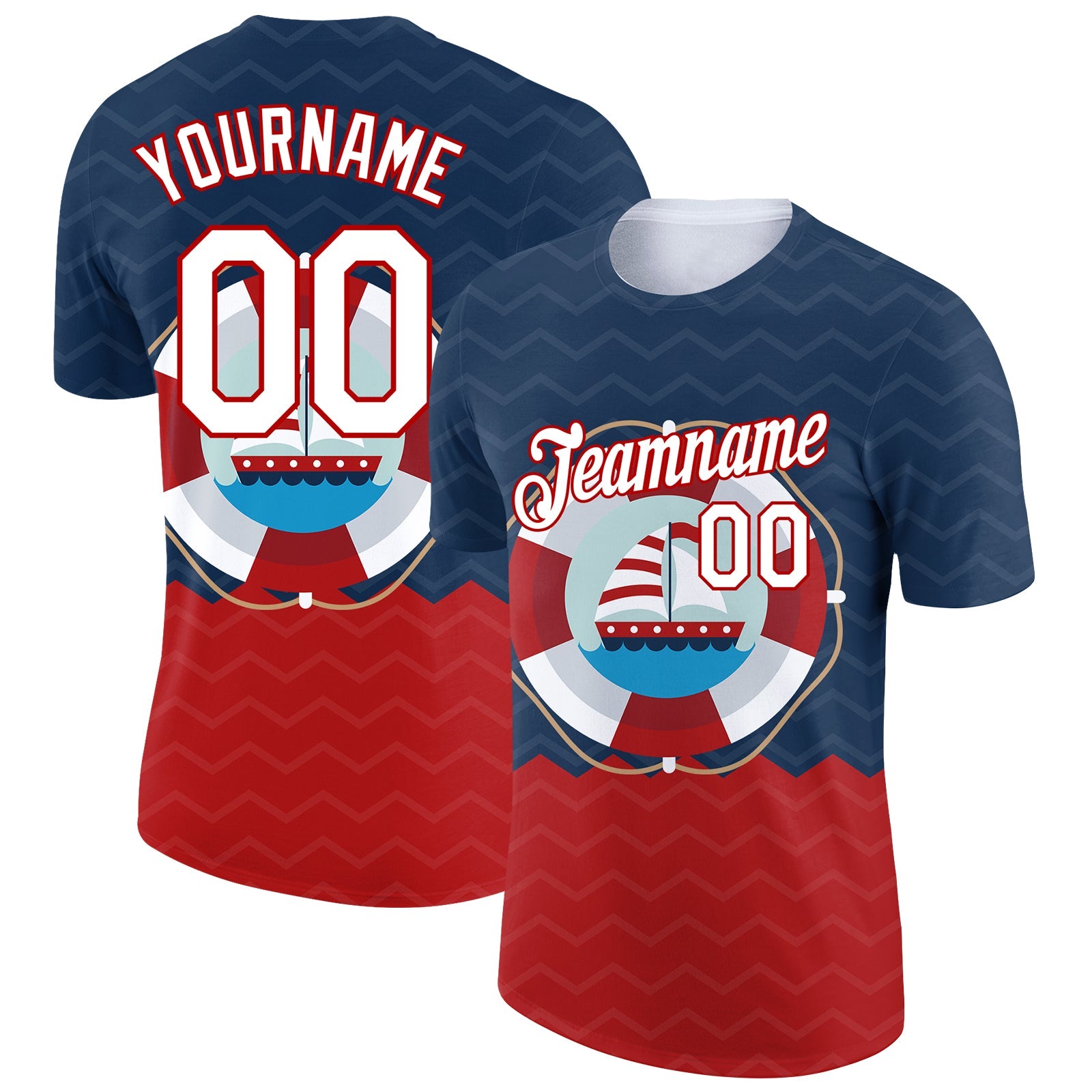 Custom Navy White-Red 3D Pattern Design Sailing Ship Columbus Day Performance T-Shirt - Main View