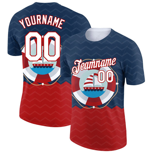 Custom Navy White-Red 3D Pattern Design Sailing Ship Columbus Day Performance T-Shirt - Main View