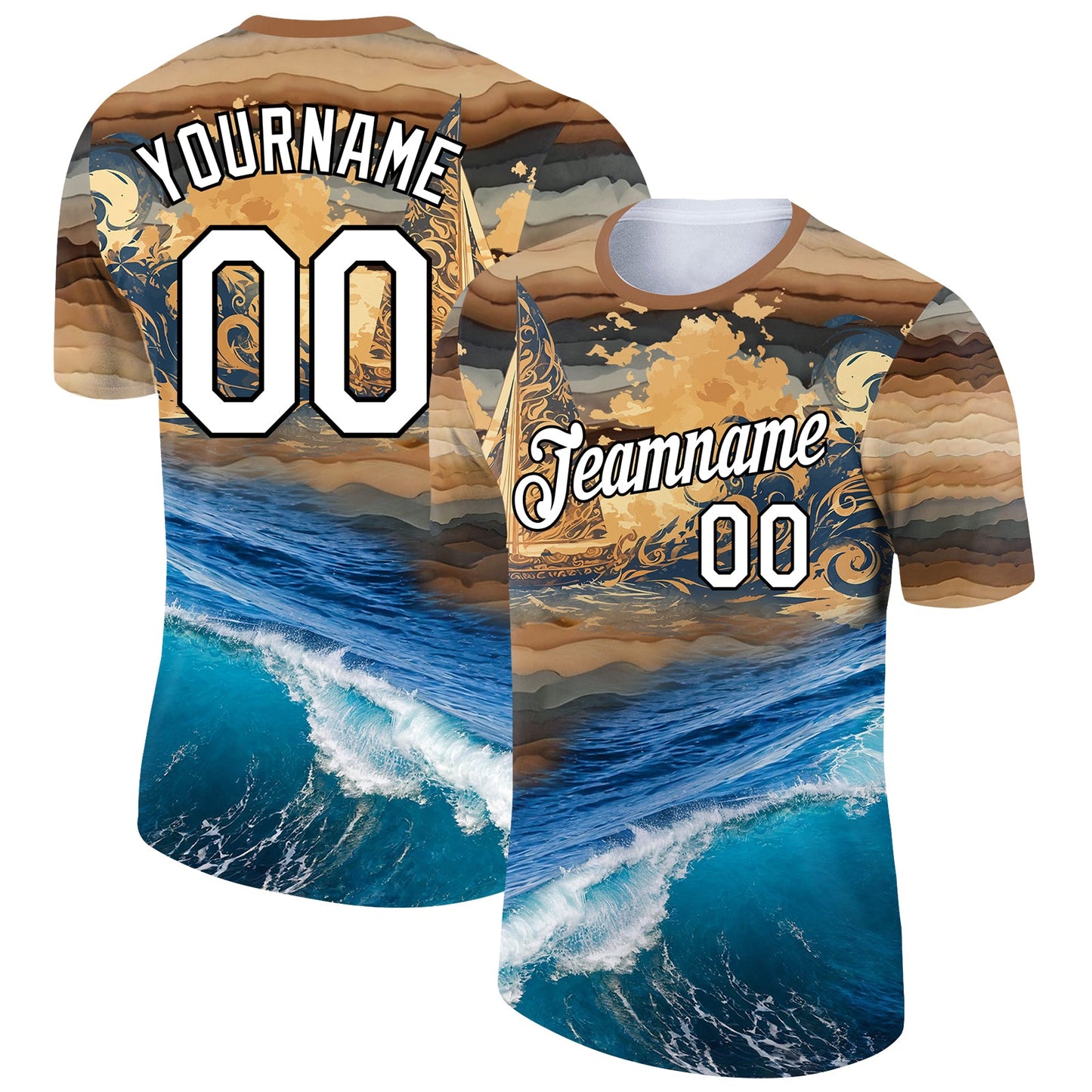 Custom Old Gold White-Black 3D Pattern Design Sailing Ship Columbus Day Performance T-Shirt - Main View