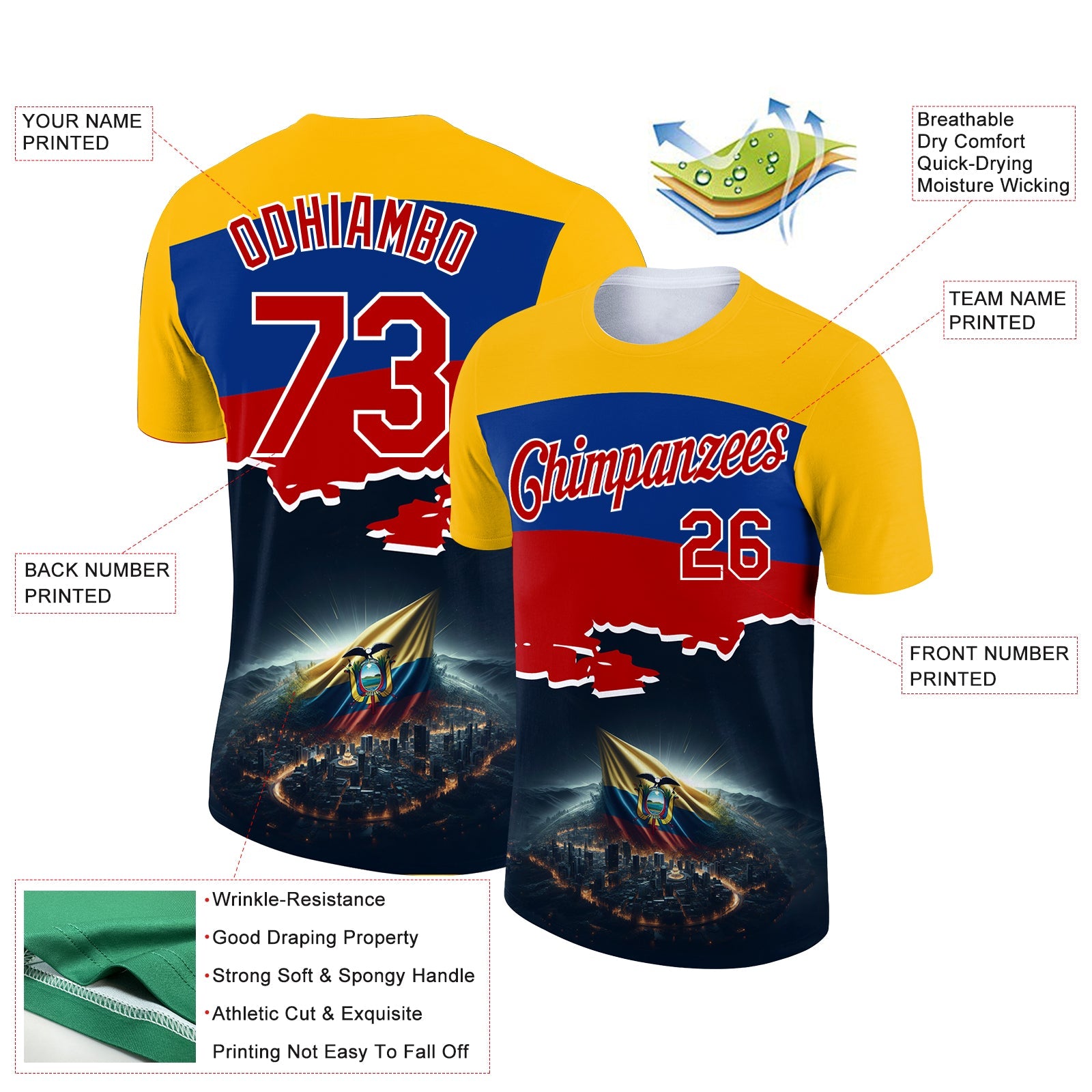 Custom Gold Red Royal-Black 3D Pattern Design Ecuador Independence Day Performance T-Shirt view 2