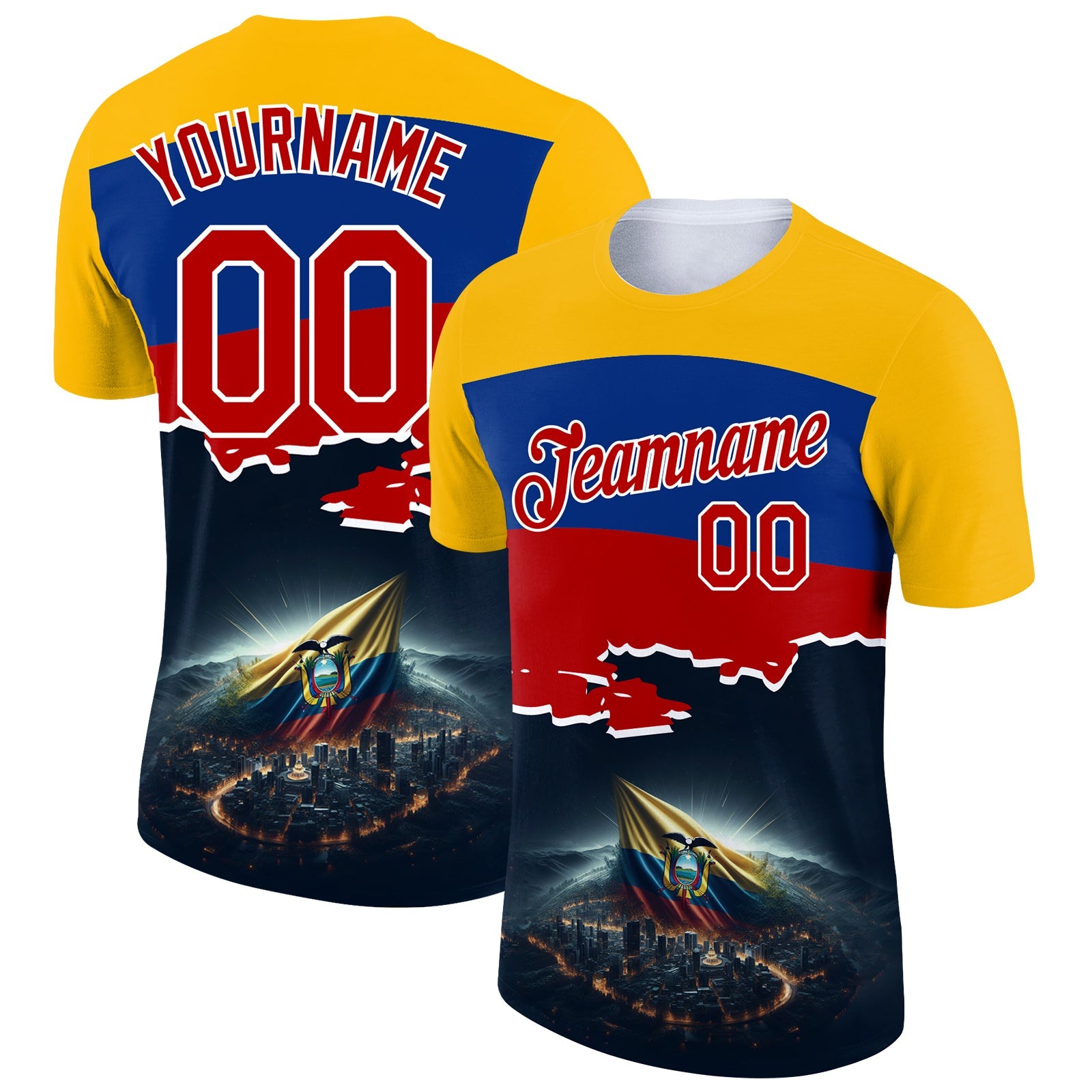 Custom Gold Red Royal-Black 3D Pattern Design Ecuador Independence Day Performance T-Shirt - Main View