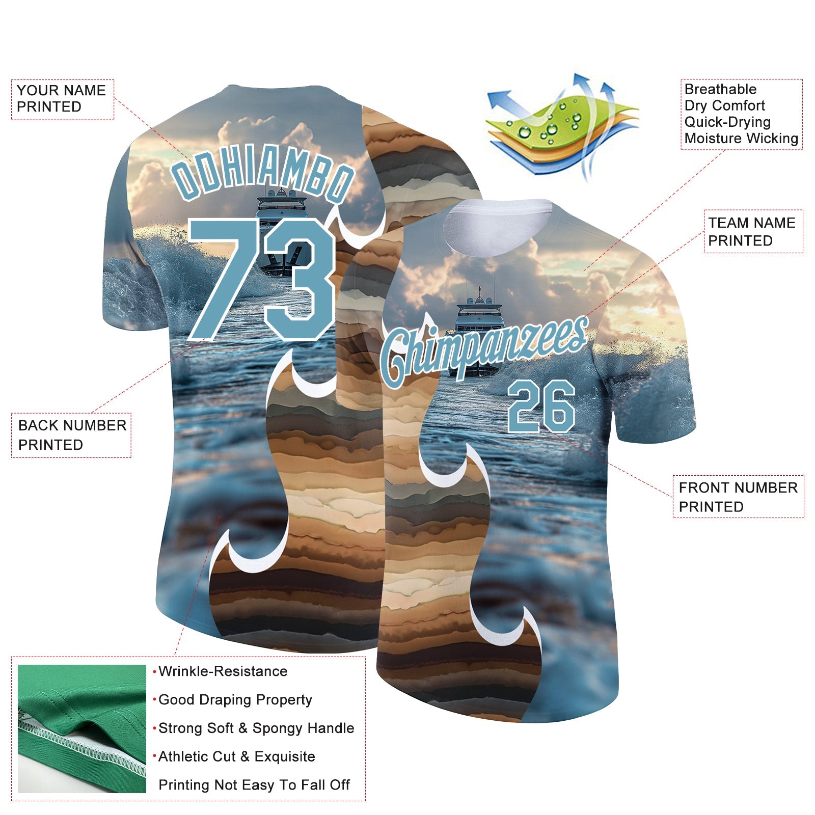 Custom Shadow Blue White 3D Pattern Design Sailing Cruise Ship Columbus Day Performance T-Shirt view 2