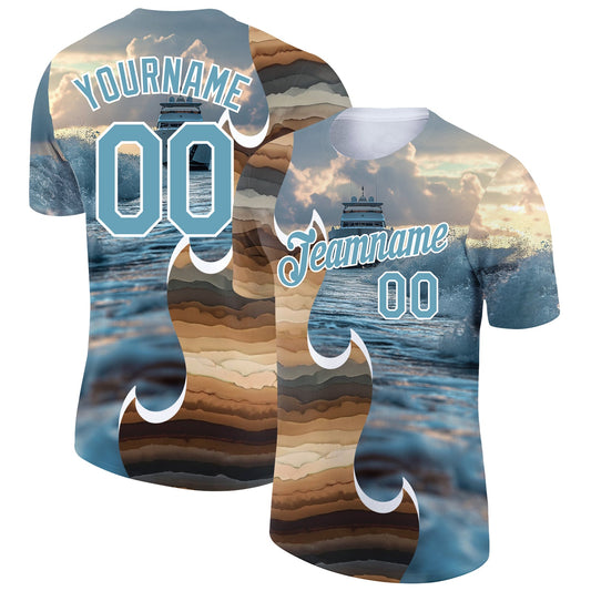 Custom Shadow Blue White 3D Pattern Design Sailing Cruise Ship Columbus Day Performance T-Shirt - Main View