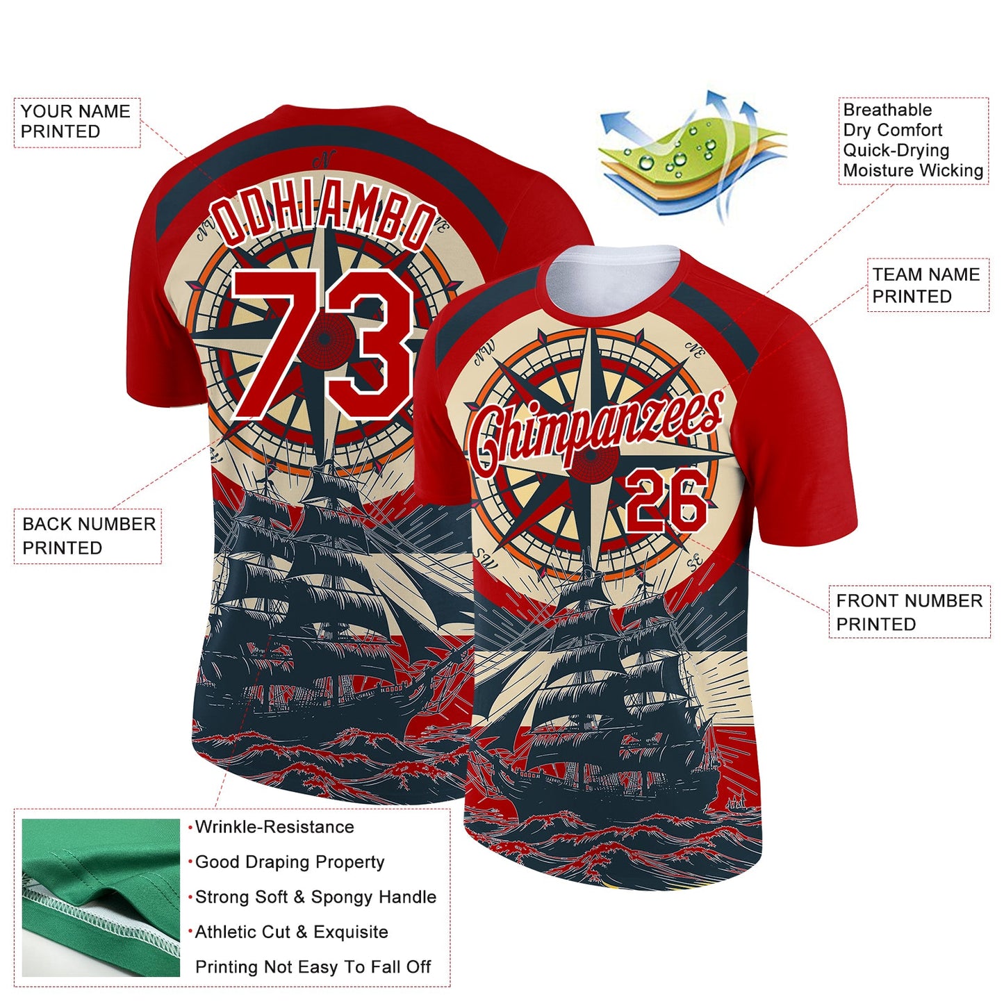 Custom Red White 3D Pattern Design Sailing Ship Compass Columbus Day Performance T-Shirt view 2