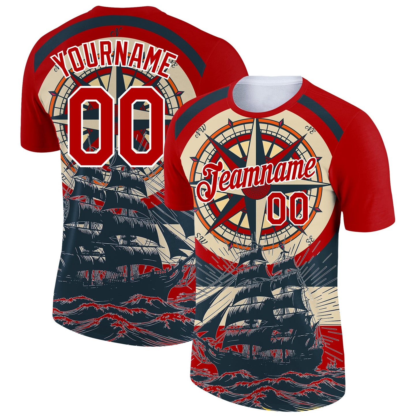 Custom Red White 3D Pattern Design Sailing Ship Compass Columbus Day Performance T-Shirt - Main View