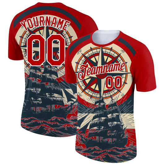 Custom Red White 3D Pattern Design Sailing Ship Compass Columbus Day Performance T-Shirt - Main View