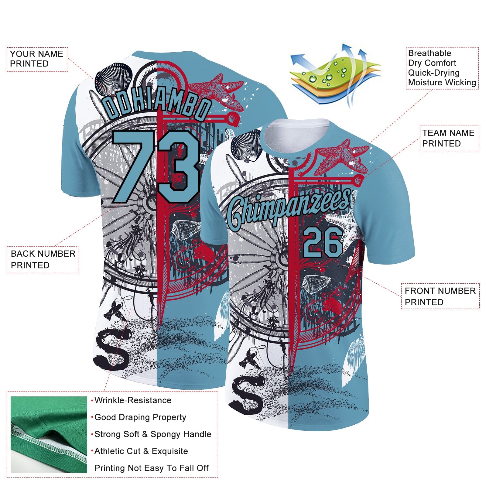 Custom Shadow Blue Black 3D Pattern Design Sailing Compass Columbus Day Performance T-Shirt view 2