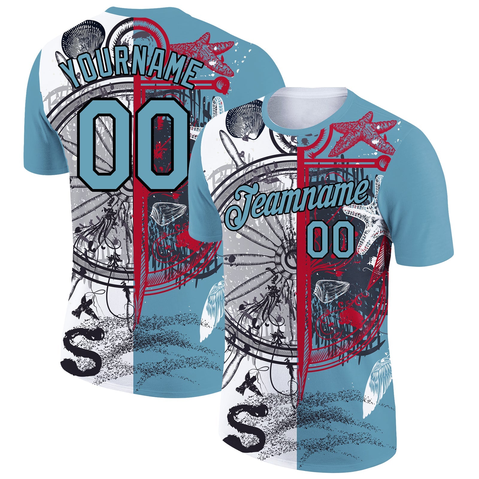 Custom Shadow Blue Black 3D Pattern Design Sailing Compass Columbus Day Performance T-Shirt - Main View