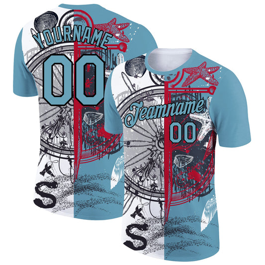 Custom Shadow Blue Black 3D Pattern Design Sailing Compass Columbus Day Performance T-Shirt - Main View