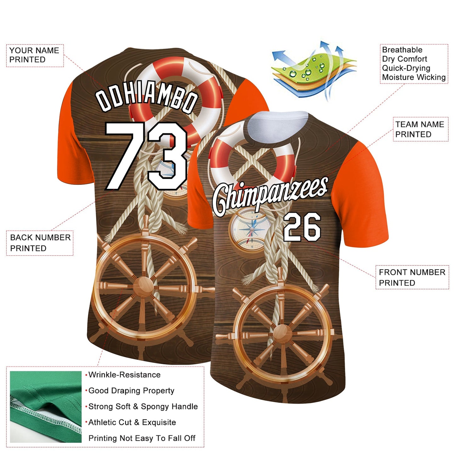 Custom Brown Orange-Black 3D Pattern Design Sailing Ship Wheel Lifebuoy Compass Columbus Day Performance T-Shirt view 2
