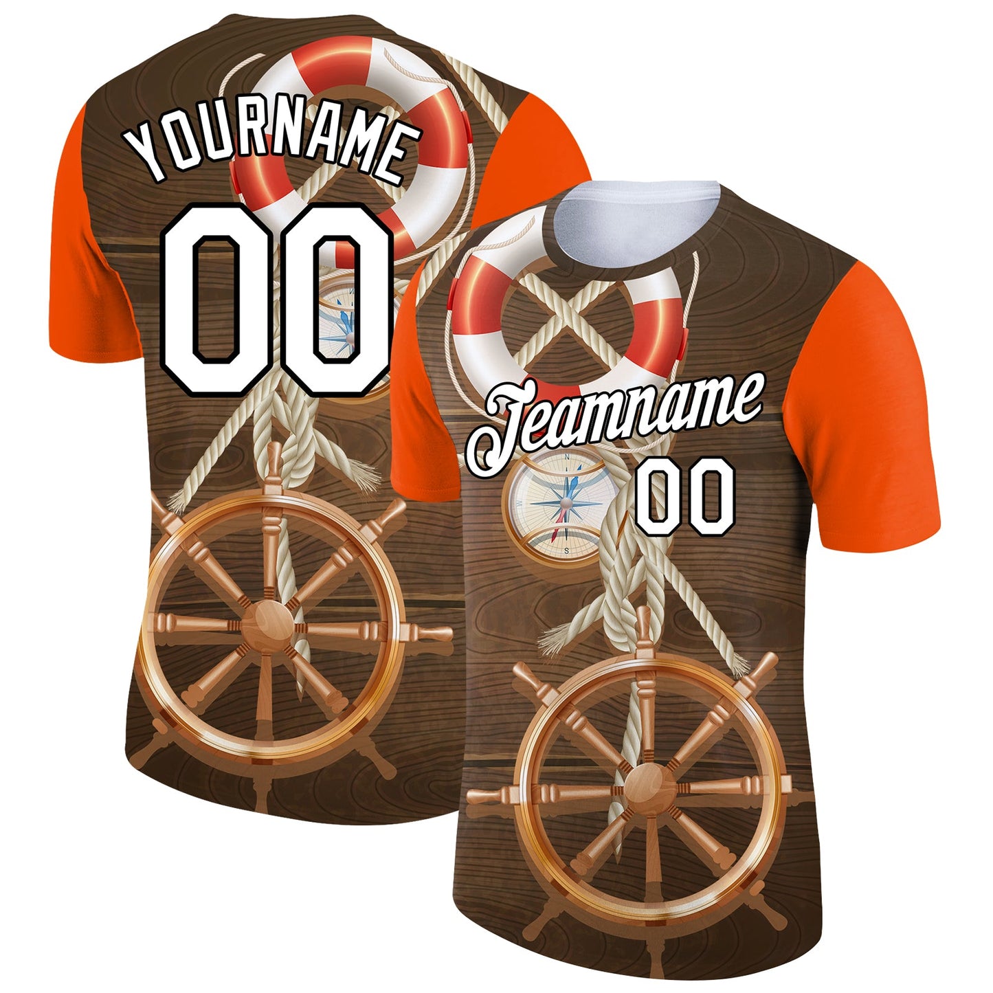 Custom Brown Orange-Black 3D Pattern Design Sailing Ship Wheel Lifebuoy Compass Columbus Day Performance T-Shirt - Main View