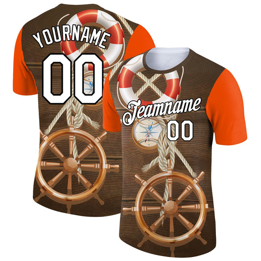Custom Brown Orange-Black 3D Pattern Design Sailing Ship Wheel Lifebuoy Compass Columbus Day Performance T-Shirt - Main View