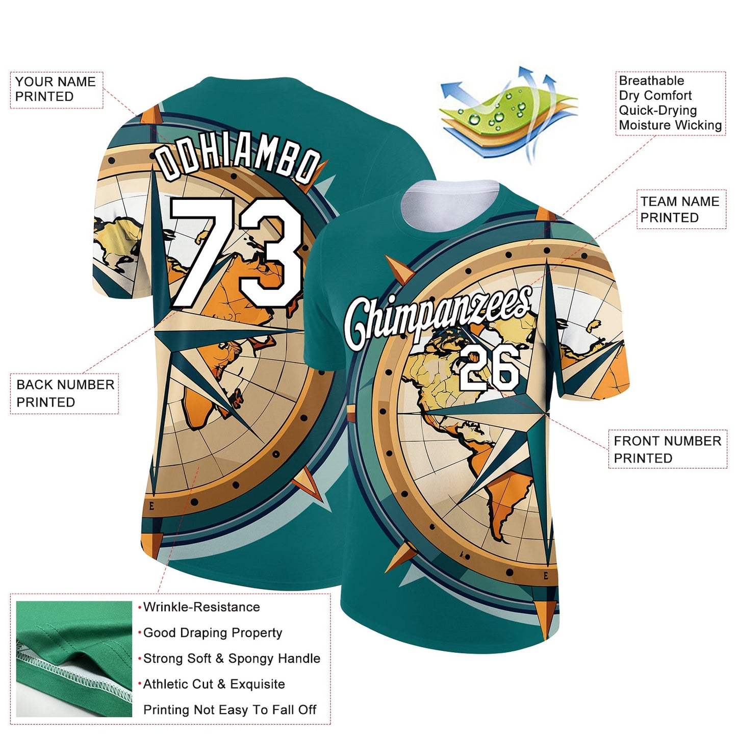 Custom Teal White-Black 3D Pattern Design Sailing Ship Compass Columbus Day Performance T-Shirt view 2