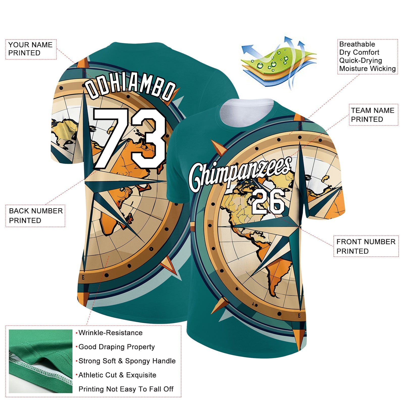 Custom Teal White-Black 3D Pattern Design Sailing Ship Compass Columbus Day Performance T-Shirt view 2