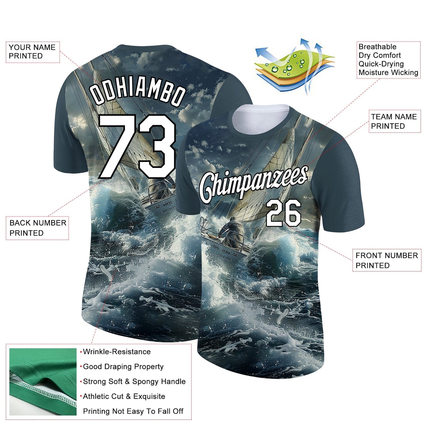 Custom Navy White-Black 3D Pattern Design Sailing Ship Columbus Day Performance T-Shirt view 2