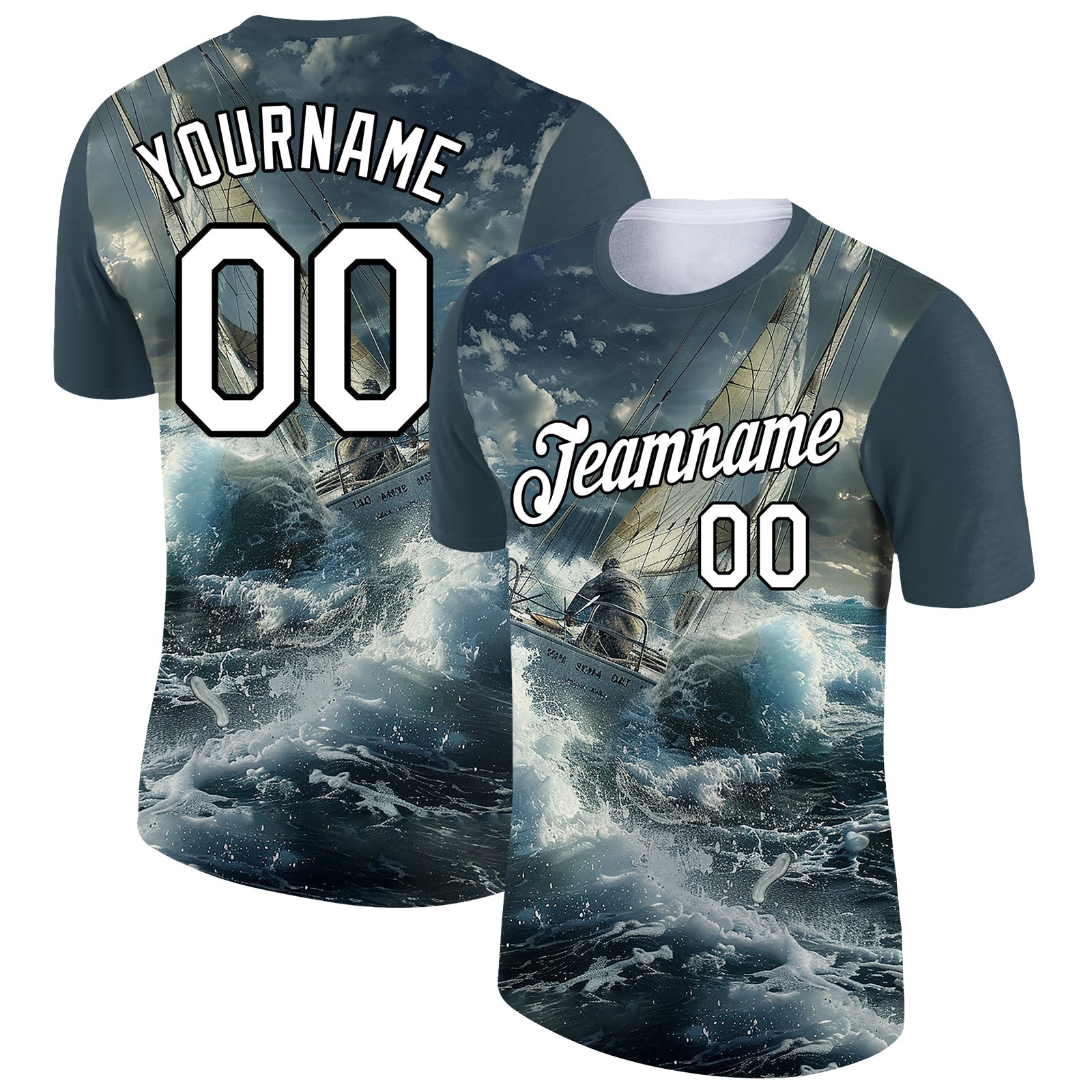 Custom Navy White-Black 3D Pattern Design Sailing Ship Columbus Day Performance T-Shirt - Main View