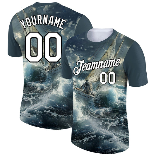 Custom Navy White-Black 3D Pattern Design Sailing Ship Columbus Day Performance T-Shirt - Main View