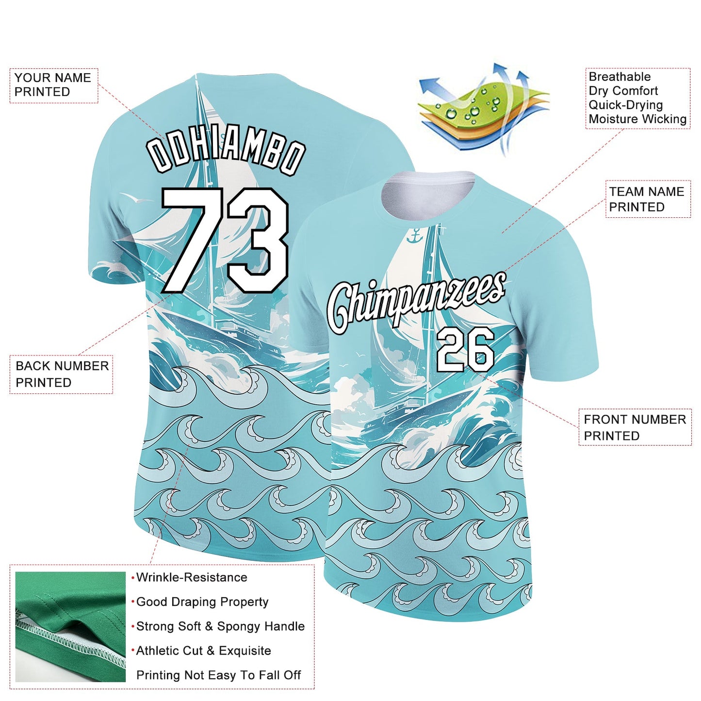 Custom Ice Blue White-Black 3D Pattern Design Sailing Ship Columbus Day Performance T-Shirt view 2