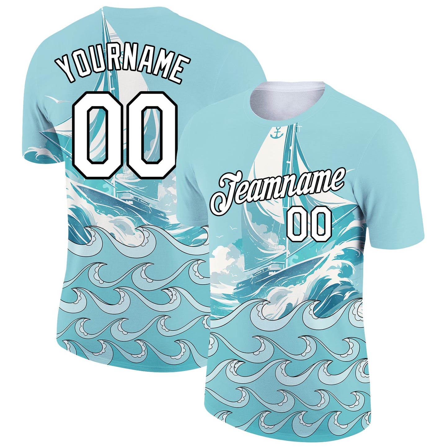 Custom Ice Blue White-Black 3D Pattern Design Sailing Ship Columbus Day Performance T-Shirt - Main View