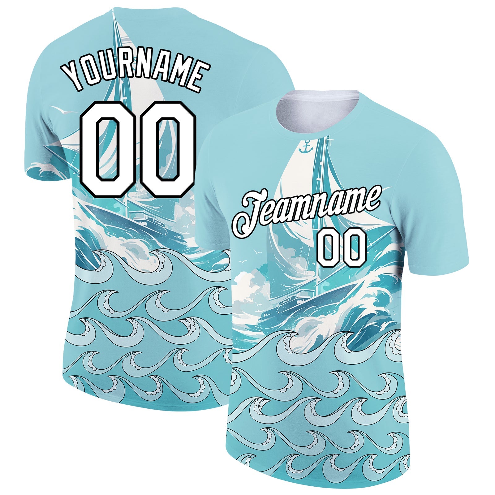 Custom Ice Blue White-Black 3D Pattern Design Sailing Ship Columbus Day Performance T-Shirt - Main View