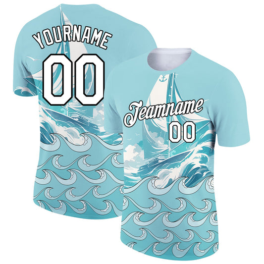 Custom Ice Blue White-Black 3D Pattern Design Sailing Ship Columbus Day Performance T-Shirt - Main View