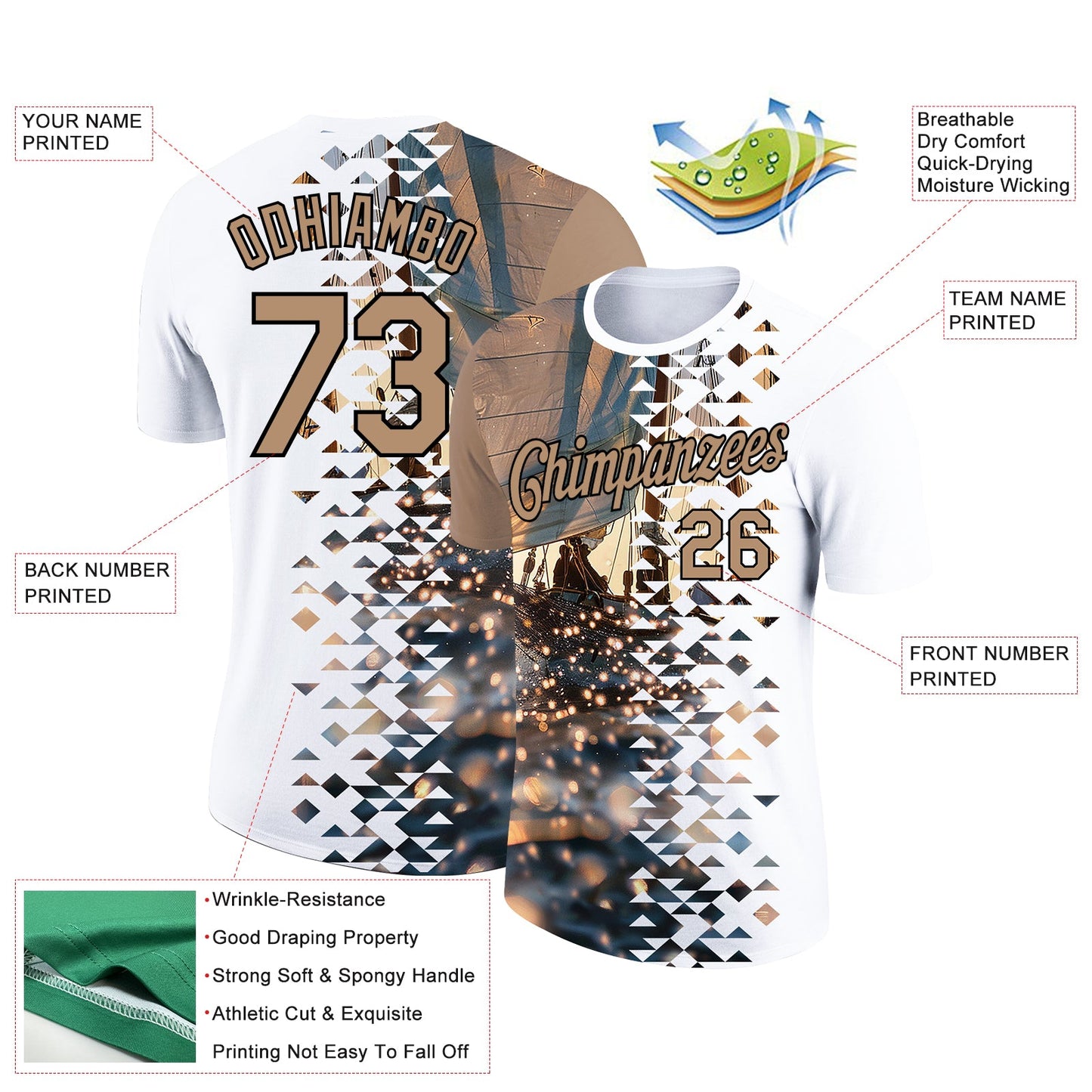 Custom White Old Gold-Black 3D Pattern Design Sailing Ship Columbus Day Performance T-Shirt view 2