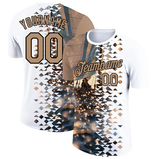 Custom White Old Gold-Black 3D Pattern Design Sailing Ship Columbus Day Performance T-Shirt - Main View