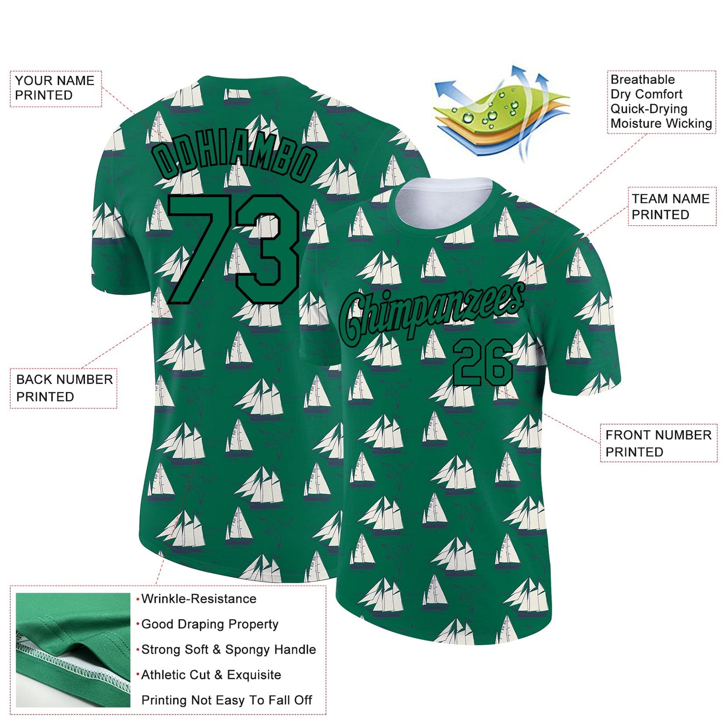 Custom Kelly Green Black 3D Pattern Design Sailing Ship Columbus Day Performance T-Shirt view 2